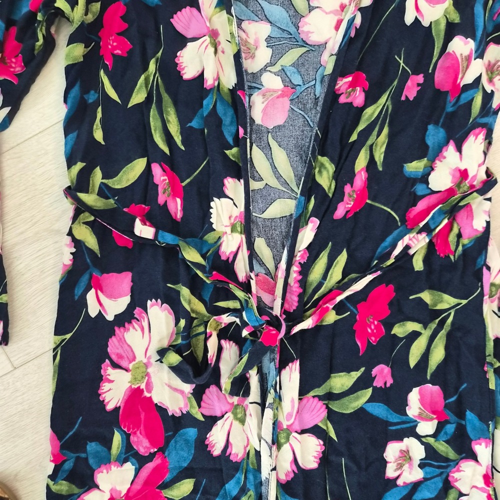 Victoria Leland Floral Duster Cardigan Navy Pink Viscose Tie Waist OS Whimsigoth - Picture 4 of 11